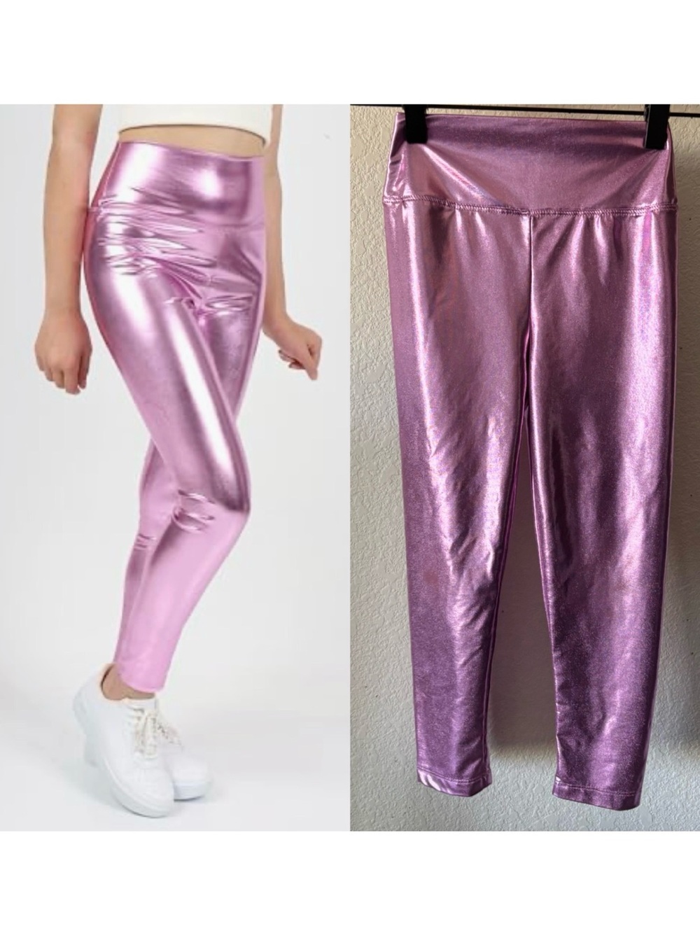 Erdem Kids Girls' Metallic High Waist Pink Leggings Shiny Stretch Size 6-7 Years
